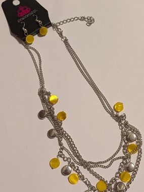 paparazzi Silver Multi-Strand Necklace with Yellow Disc Accents